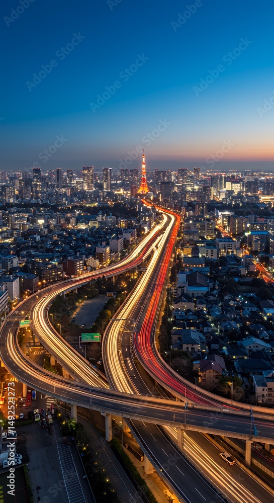 Naklejka premium Cityscape view with highway and tower at night