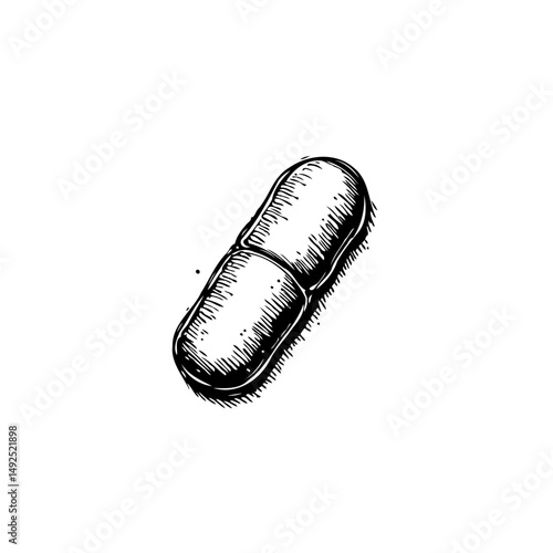 Intricate monochrome sketch depicting a single capsule medication close up