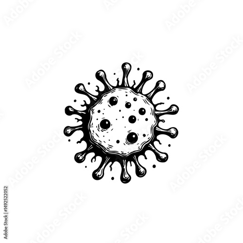 Detailed monochrome illustration of a virus cell with spikes and internal structures