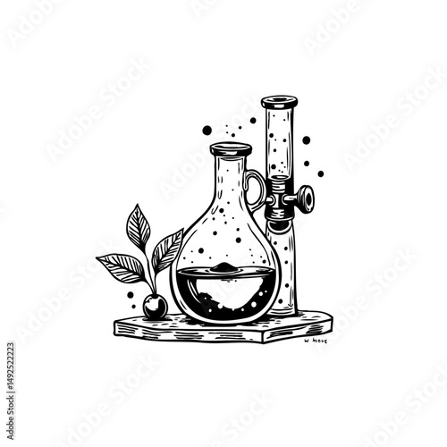 Stylized illustration depicting scientific apparatus alongside botanical element