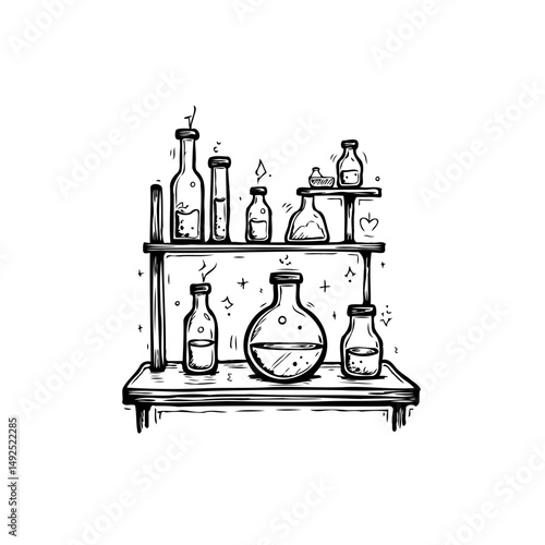 Whimsical depiction of a laboratory shelf filled with peculiar hand-drawn bottles
