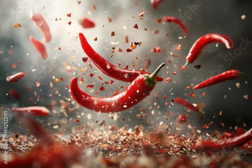 Chili peppers and spices flying in motion