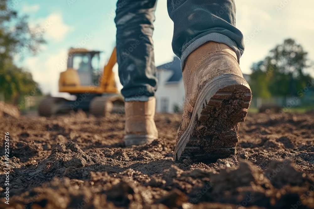 Person in work boots walking on muddy ground construction site