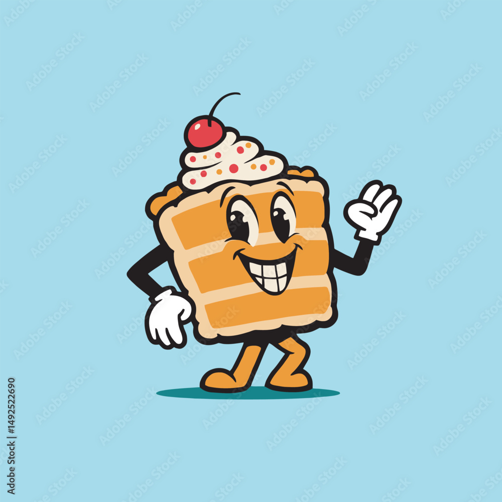 Mascot of happy cake slice with cherry, waving. Mascot of happy cake slice with cherry, waving.