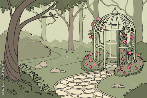 165 intricate ultra-detailed photorealistic fantasy garden scene, whimsical birdcage arbor, lush greenery, vibrant flowers, cobblestone path, daylight, cinematic lighting, 8k, hyper-realistic, stunnin