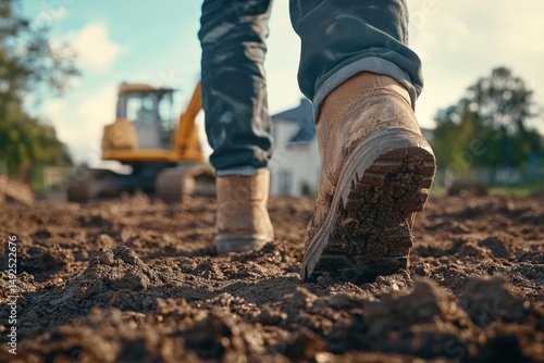 Obraz na płótnie Person in work boots walking on muddy ground construction site w salonie