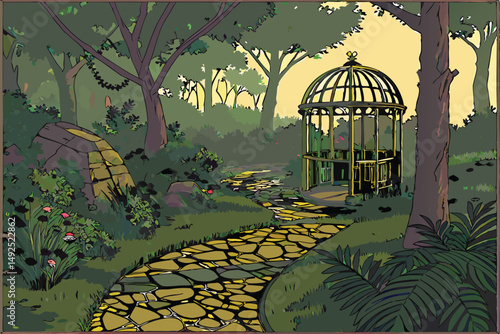 165 intricate ultra-detailed photorealistic fantasy garden scene, whimsical birdcage arbor, lush greenery, vibrant flowers, cobblestone path, daylight, cinematic lighting, 8k, hyper-realistic, stunnin