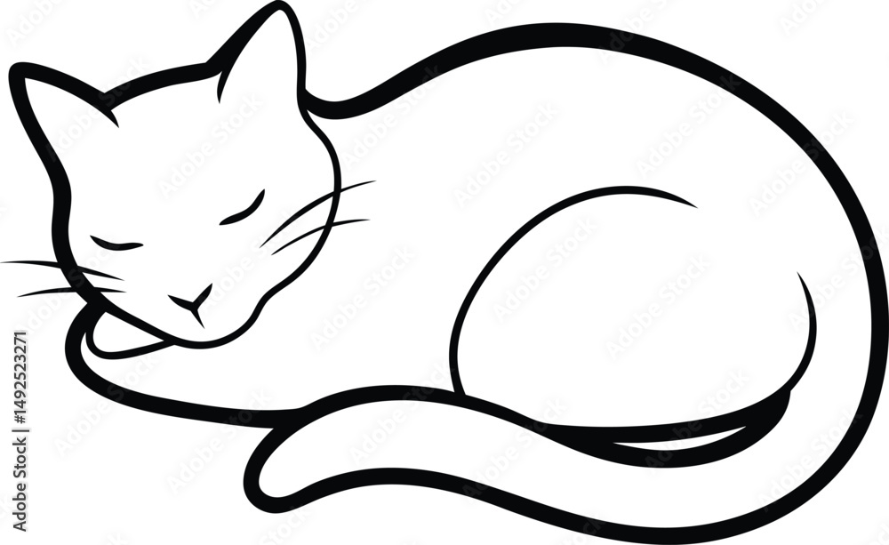 Naklejka premium Simple black and white illustration of a peaceful sleeping cat in a comfortable pose