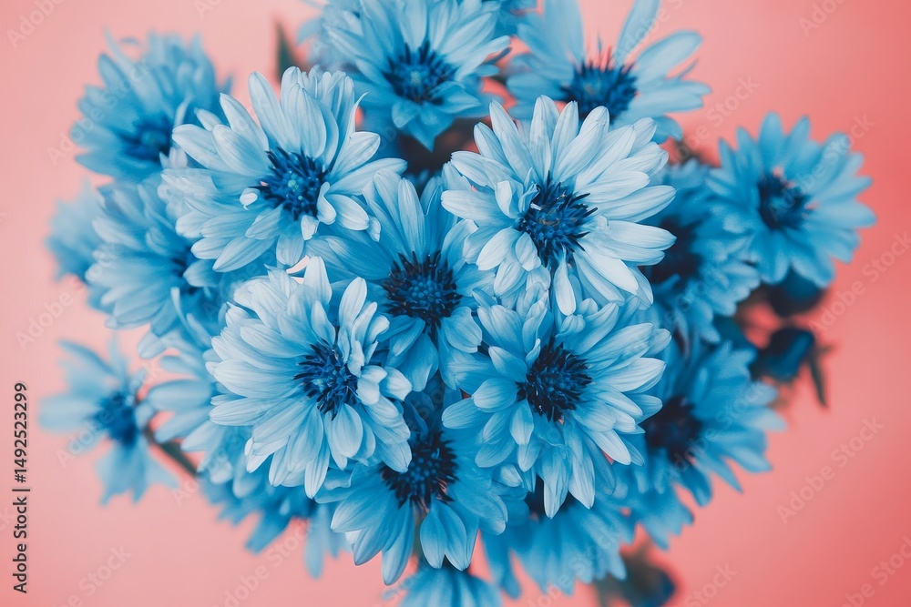 Obraz premium A vibrant bouquet of light blue flowers against a coral background.