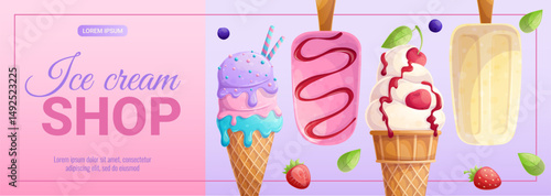 Promo banner for an ice cream shop. Different types of ice cream. Vector illustration for posters, banners, advertisements, flyers