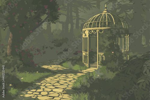 165 intricate ultra-detailed photorealistic fantasy garden scene, whimsical birdcage arbor, lush greenery, vibrant flowers, cobblestone path, daylight, cinematic lighting, 8k, hyper-realistic, stunnin