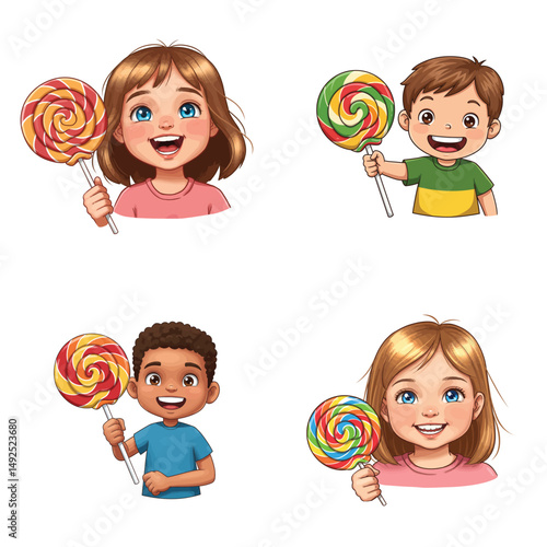 Happy Kids with Colorful Lollipops Celebrating Children's Day - Joyful Cartoon Vector Illustration