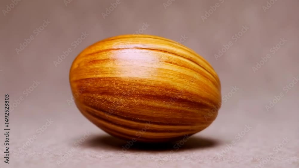 Close up of decorative wooden egg object with brown stripes sitting on gray surface, handcrafted organic art. Close up of decorative wooden egg object with brown stripes sitting on gray surface, handcrafted organic art.