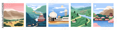 Set of landscapes. Views of tea plantations in China, Japan, Kenya, India and Sri Lanka. Sceneries of nature- meadows, fields, rivers, mountains, hills and countryside. Flat vector illustrations