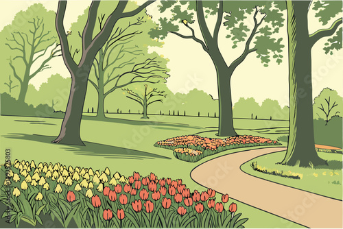166 lush green meadow, colorful flower beds, winding pathway, blooming hyacinths, vibrant tulips, overarching trees, park-like setting, spring scenery, serene landscape, ornate garden design