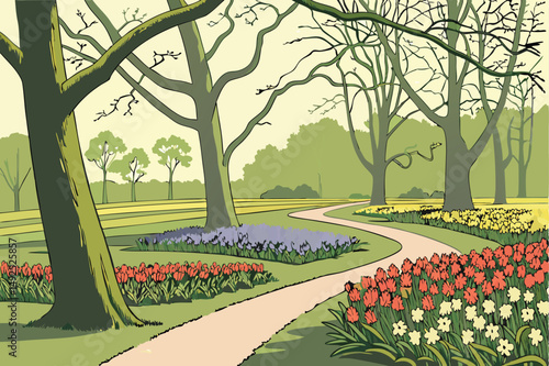 166 lush green meadow, colorful flower beds, winding pathway, blooming hyacinths, vibrant tulips, overarching trees, park-like setting, spring scenery, serene landscape, ornate garden design