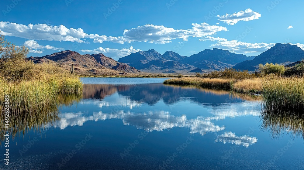 Serene lake reflecting the vast Arizona sky with distant mountains capturing the beauty of nature in clear Serene lake reflecting the vast Arizona sky with distant mountains capturing the beauty of nature in clear