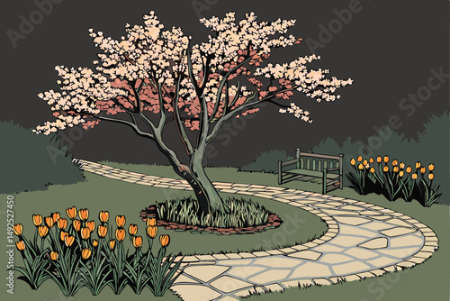 167 a beautifully designed garden with a blooming japanese cherry tree, vibrant orange tulips arranged in circular patterns, a winding stone path leading to a park bench, surrounded by lush green gras