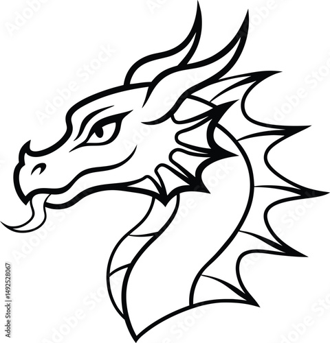 Vector illustration of a stylized black and white dragon head with intricate outlines