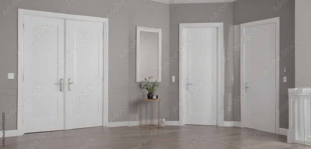 Fototapeta premium Modern white wooden interior doors, various open/closed positions , home decor, shaker door