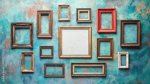 Assorted antique picture frames on textured teal background