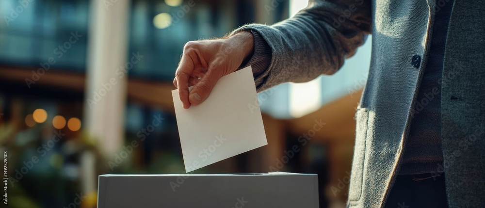 Person casting a vote into a ballot box outdoors daytime