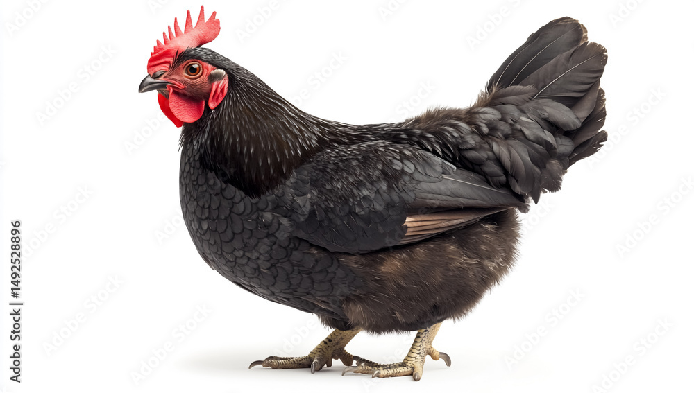 Fototapeta premium Black Chicken with Red Neck on White Background