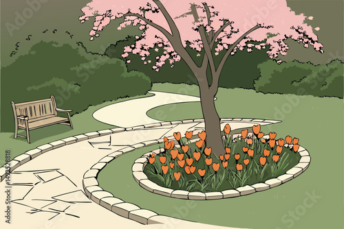 167 a beautifully designed garden with a blooming japanese cherry tree, vibrant orange tulips arranged in circular patterns, a winding stone path leading to a park bench, surrounded by lush green gras
