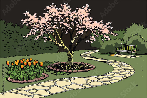 167 a beautifully designed garden with a blooming japanese cherry tree, vibrant orange tulips arranged in circular patterns, a winding stone path leading to a park bench, surrounded by lush green gras