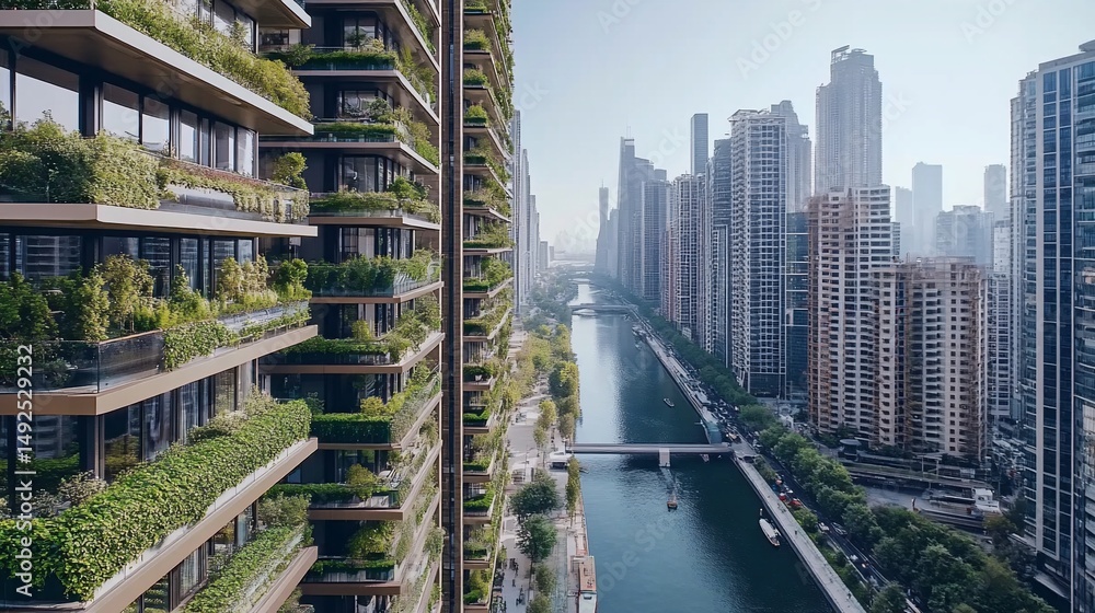 Obraz premium Urban Oasis: Green Skyscraper Overlooking City Canal