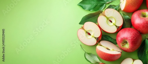 Obraz na płótnie Sliced red apples on a green background w salonie