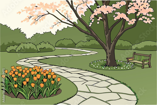 167 a beautifully designed garden with a blooming japanese cherry tree, vibrant orange tulips arranged in circular patterns, a winding stone path leading to a park bench, surrounded by lush green gras