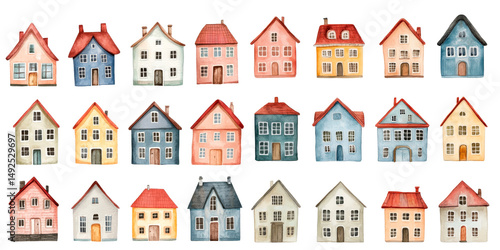 Watercolor set of Scandinavian houses on a white background. Ideal for greeting cards, clip art, kids stickers, nursery prints, DIY projects, winter crafts, and cozy seasonal illustrations.