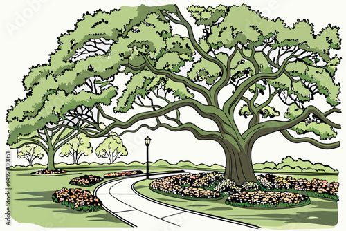 168 a large, lush and sprawling green tree canopy, intricate and ornate trunk formations, colorful and vibrant flower beds in the foreground, paved walkways, tranquil outdoor space, idyllic park setti