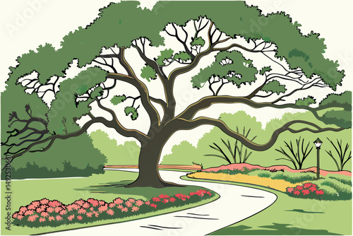 168 a large, lush and sprawling green tree canopy, intricate and ornate trunk formations, colorful and vibrant flower beds in the foreground, paved walkways, tranquil outdoor space, idyllic park setti