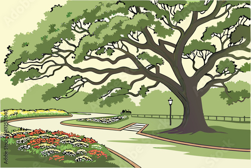 168 a large, lush and sprawling green tree canopy, intricate and ornate trunk formations, colorful and vibrant flower beds in the foreground, paved walkways, tranquil outdoor space, idyllic park setti