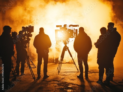 Film crew preparing for a scene in a studio setting