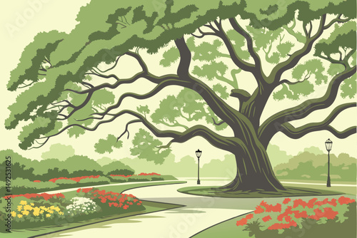 168 a large, lush and sprawling green tree canopy, intricate and ornate trunk formations, colorful and vibrant flower beds in the foreground, paved walkways, tranquil outdoor space, idyllic park setti