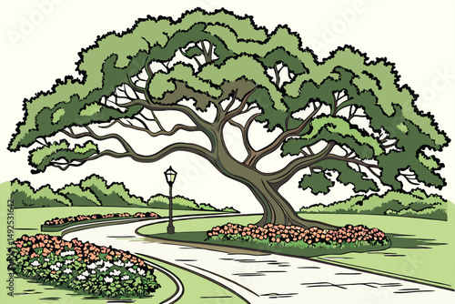 168 a large, lush and sprawling green tree canopy, intricate and ornate trunk formations, colorful and vibrant flower beds in the foreground, paved walkways, tranquil outdoor space, idyllic park setti