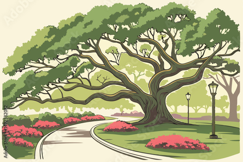 168 a large, lush and sprawling green tree canopy, intricate and ornate trunk formations, colorful and vibrant flower beds in the foreground, paved walkways, tranquil outdoor space, idyllic park setti