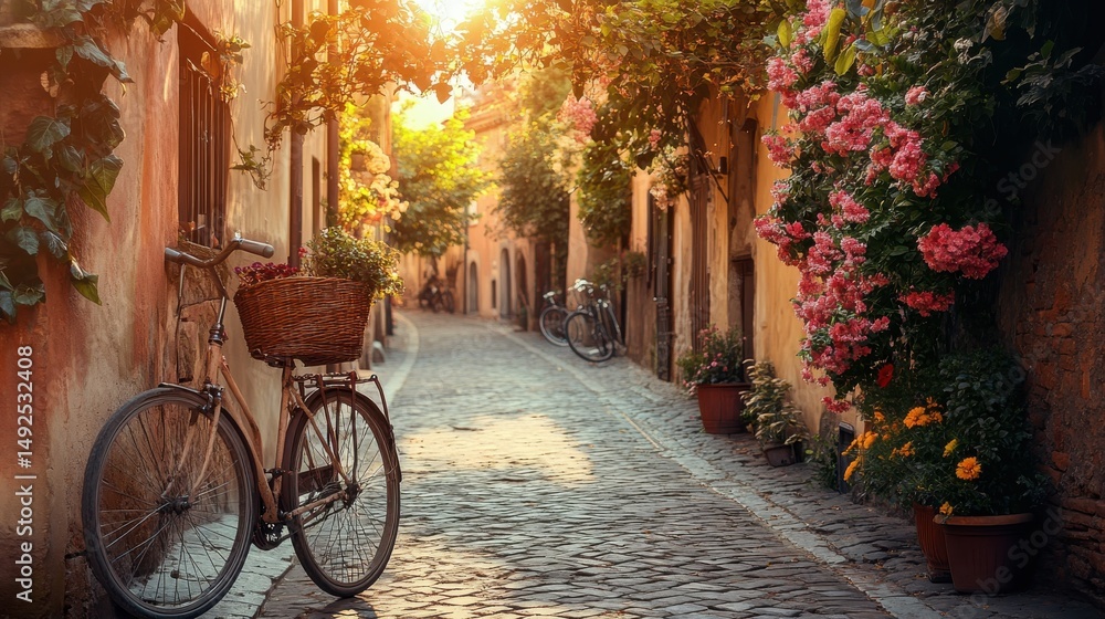 Fototapeta premium Rustic Cobblestone Street with Bicycle and Flowers in Warm Sunlight