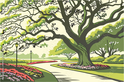 168 a large, lush and sprawling green tree canopy, intricate and ornate trunk formations, colorful and vibrant flower beds in the foreground, paved walkways, tranquil outdoor space, idyllic park setti