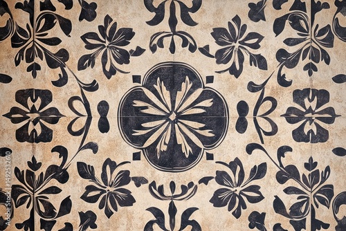 Obraz na płótnie Beige and black floral patterned tiles w salonie