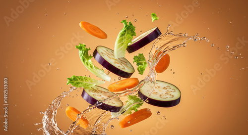 Dynamic vegetable splash with aubergine, carrot, and lettuce on amber backdrop