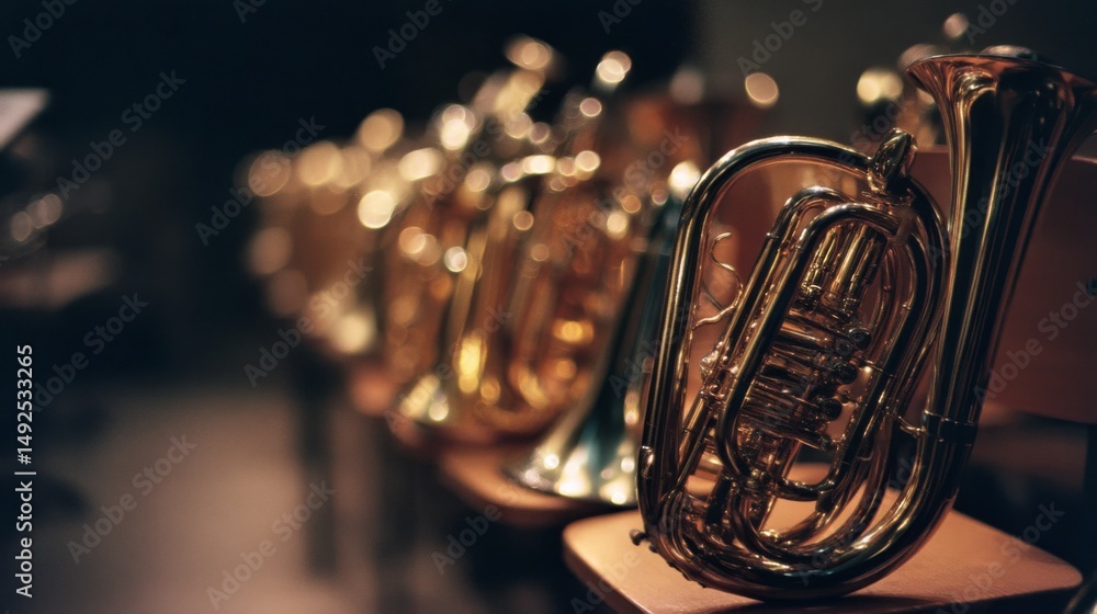 Fototapeta premium Brass and silver horns sit in a softly lit music room, their polished surfaces gleaming, ready for a symphonic performance.