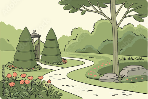 169 ornamental garden, lush greenery, topiary shapes, winding path, decorative rocks, vibrant flowers, peaceful landscape, tranquil atmosphere, natural setting, well-maintained grounds, serene outdoor