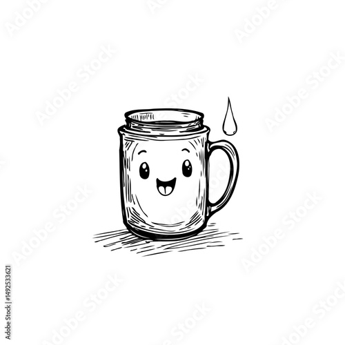 Whimsical illustrated mug character with expressive features and liquid drop