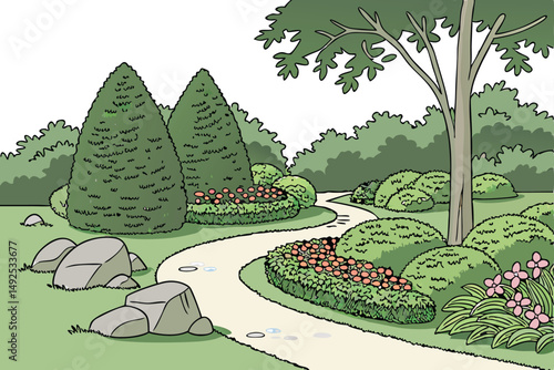 169 ornamental garden, lush greenery, topiary shapes, winding path, decorative rocks, vibrant flowers, peaceful landscape, tranquil atmosphere, natural setting, well-maintained grounds, serene outdoor