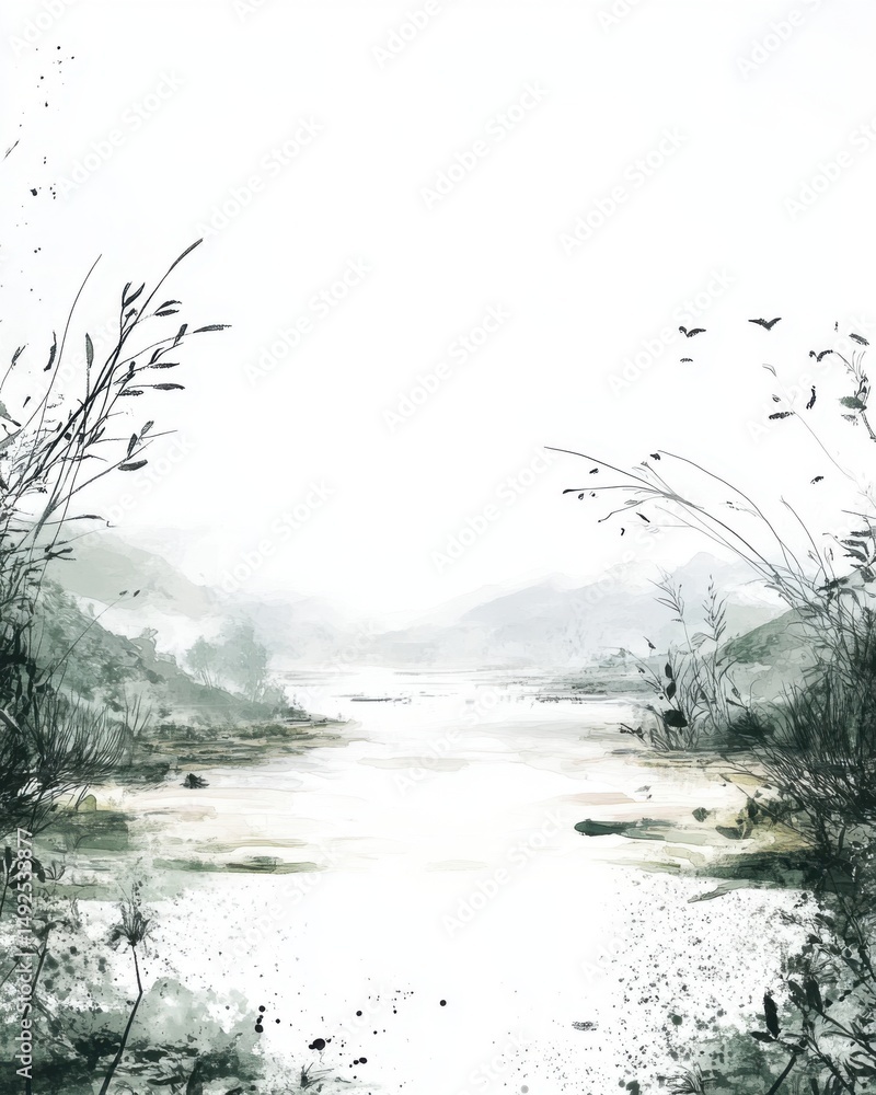 Fototapeta premium Serene watercolor landscape painting of a misty lake surrounded by mountains and reeds in a minimalist style featuring birds