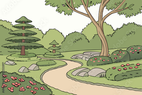 169 ornamental garden, lush greenery, topiary shapes, winding path, decorative rocks, vibrant flowers, peaceful landscape, tranquil atmosphere, natural setting, well-maintained grounds, serene outdoor